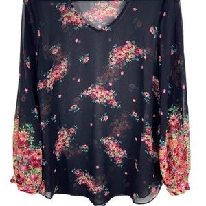 CAbi Black Floral Sheer Blouse Size M Style #3594